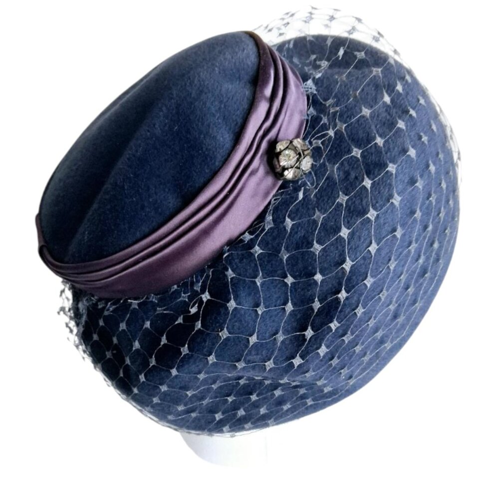 1950s Genuine Velour Imported Fur Blue w/Purple Ribbon Trim Pillbox Hat